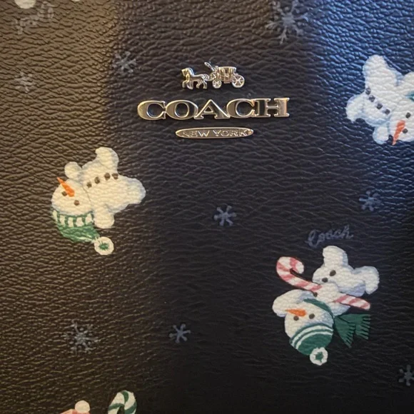 Coach Zip Top Navy Tote Bag with Snowman Print - Picture 2 of 8